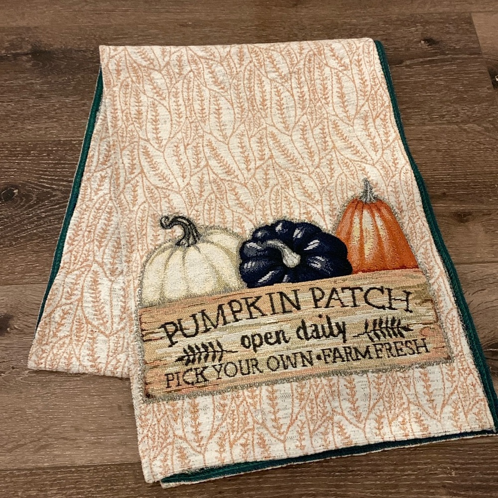 Shabby Chic Fall Pumpkin Table Runner. Pumpkin Patch Open Daily Pick Your Own.